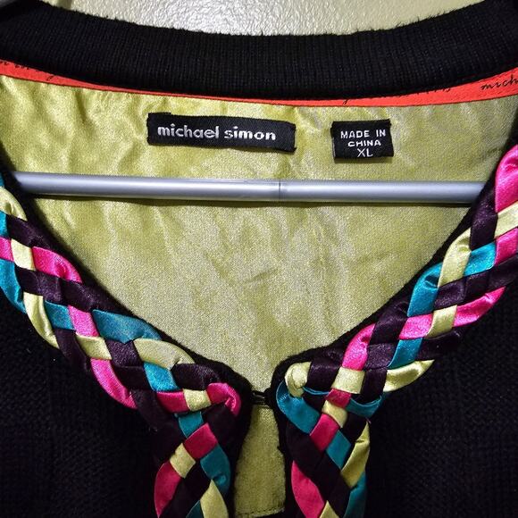 Michael Simon Cardigan Sweater Black Knit Rainbow Braid Trim Cotton Cashmere XL - Picture 4 of 8